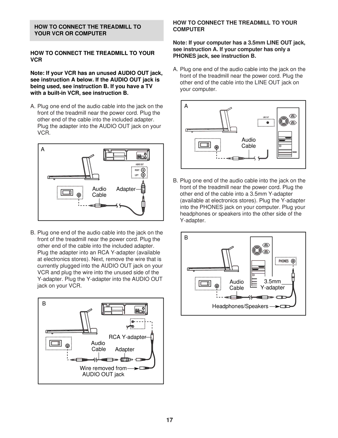 ProForm DRTL99120 user manual HOW to Connect the Treadmill to Your VCR or Computer, Audio Adapter Cable 