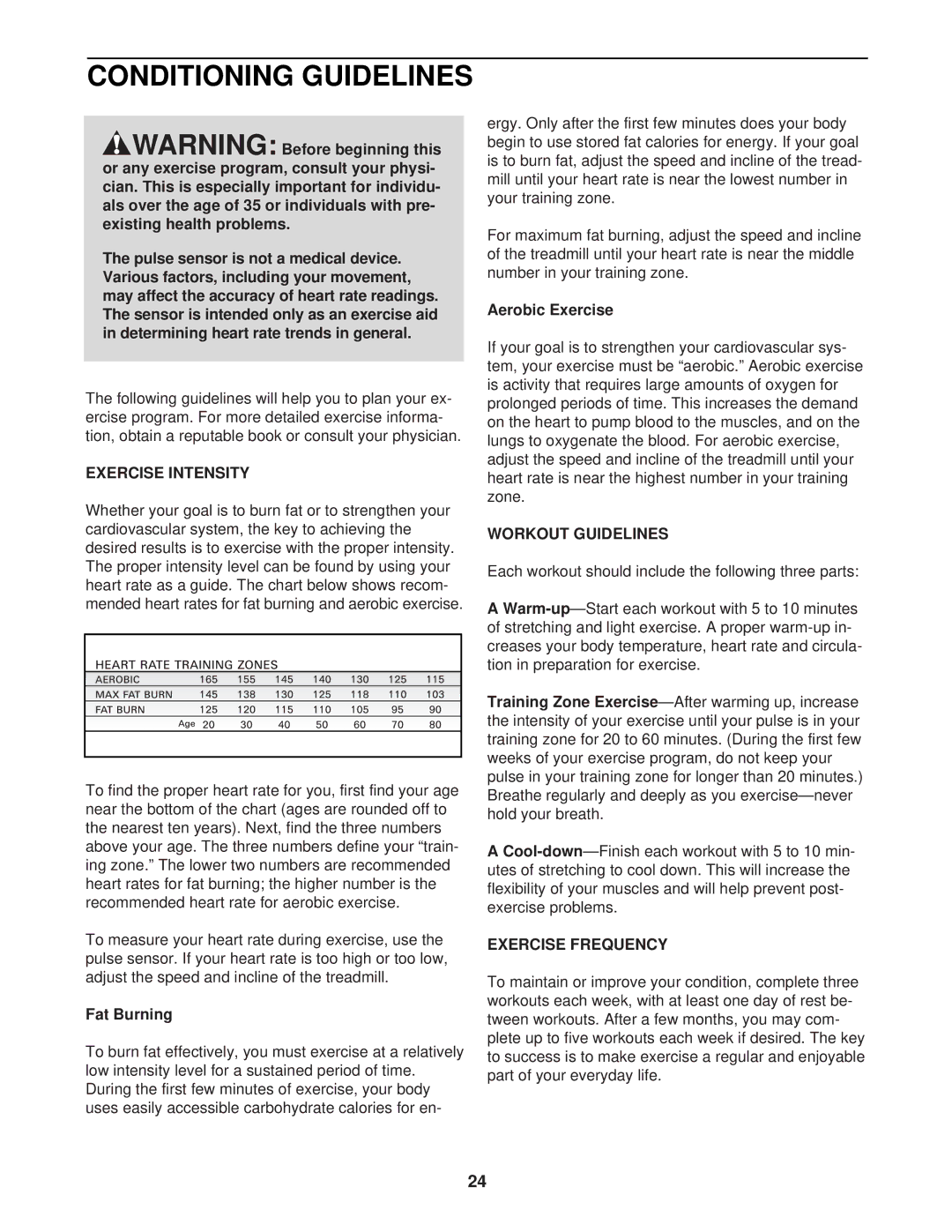 ProForm DRTL99120 user manual Conditioning Guidelines, Exercise Intensity, Workout Guidelines, Exercise Frequency 