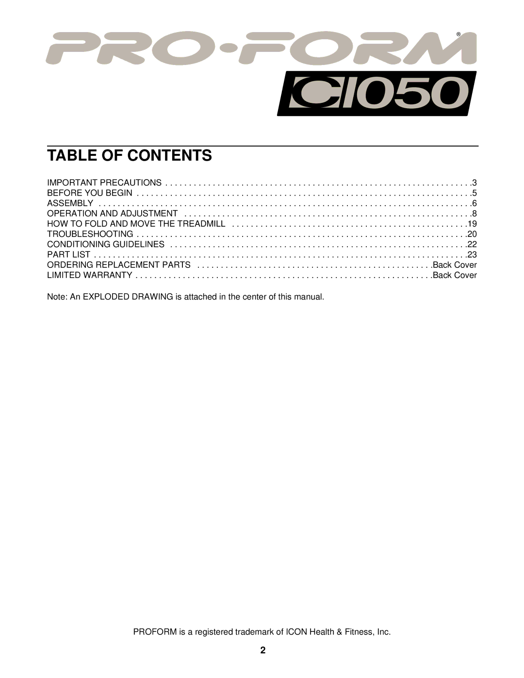 ProForm DRTL99720 user manual Table of Contents 