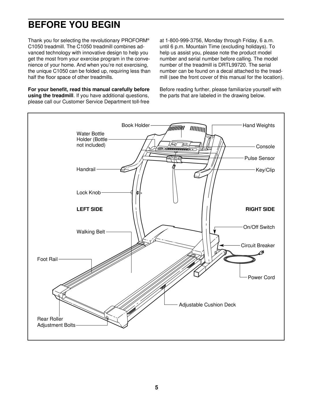 ProForm DRTL99720 user manual Before YOU Begin, Using the treadmill, Left Side 