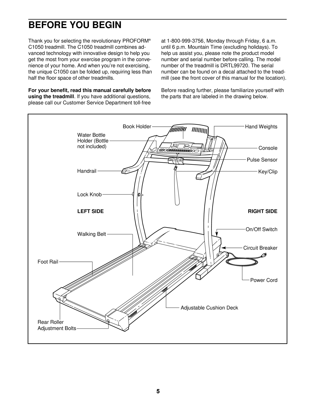 ProForm DRTL99720 user manual Before You Begin, using the treadmill, Left Side 