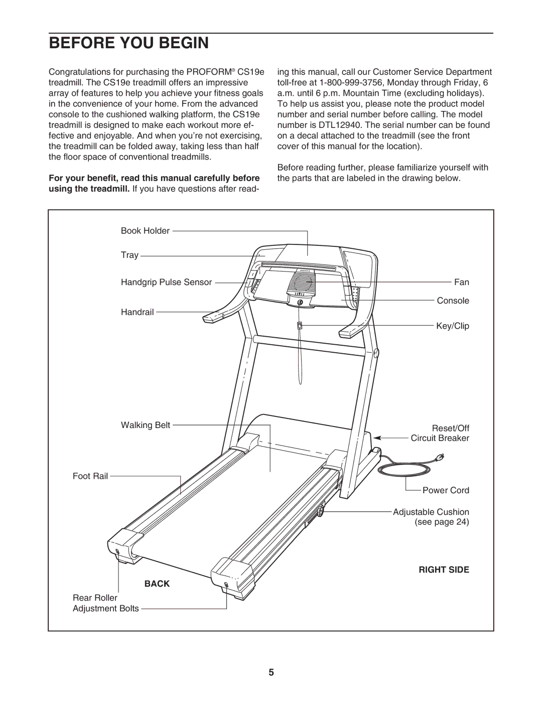 ProForm DTL12940 user manual Before YOU Begin, Right Side, Back 