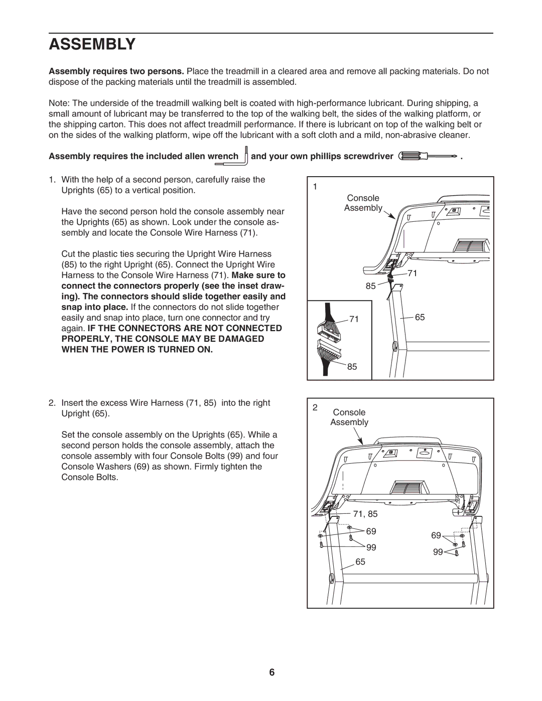 ProForm DTL12940 user manual Assembly requires the included allen wrench, Again. if the Connectors are not Connected 