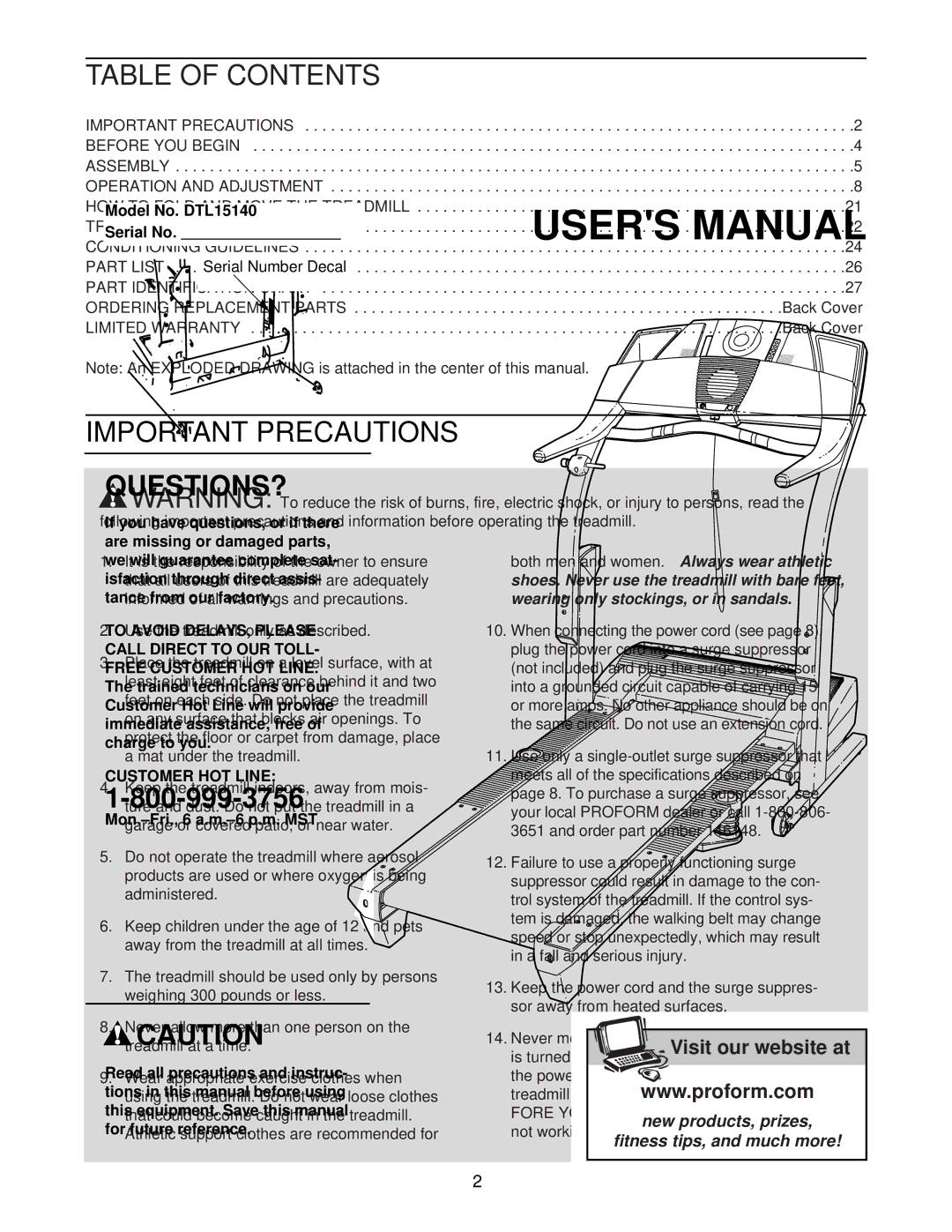 ProForm DTL15140 user manual Table of Contents, Important Precautions 