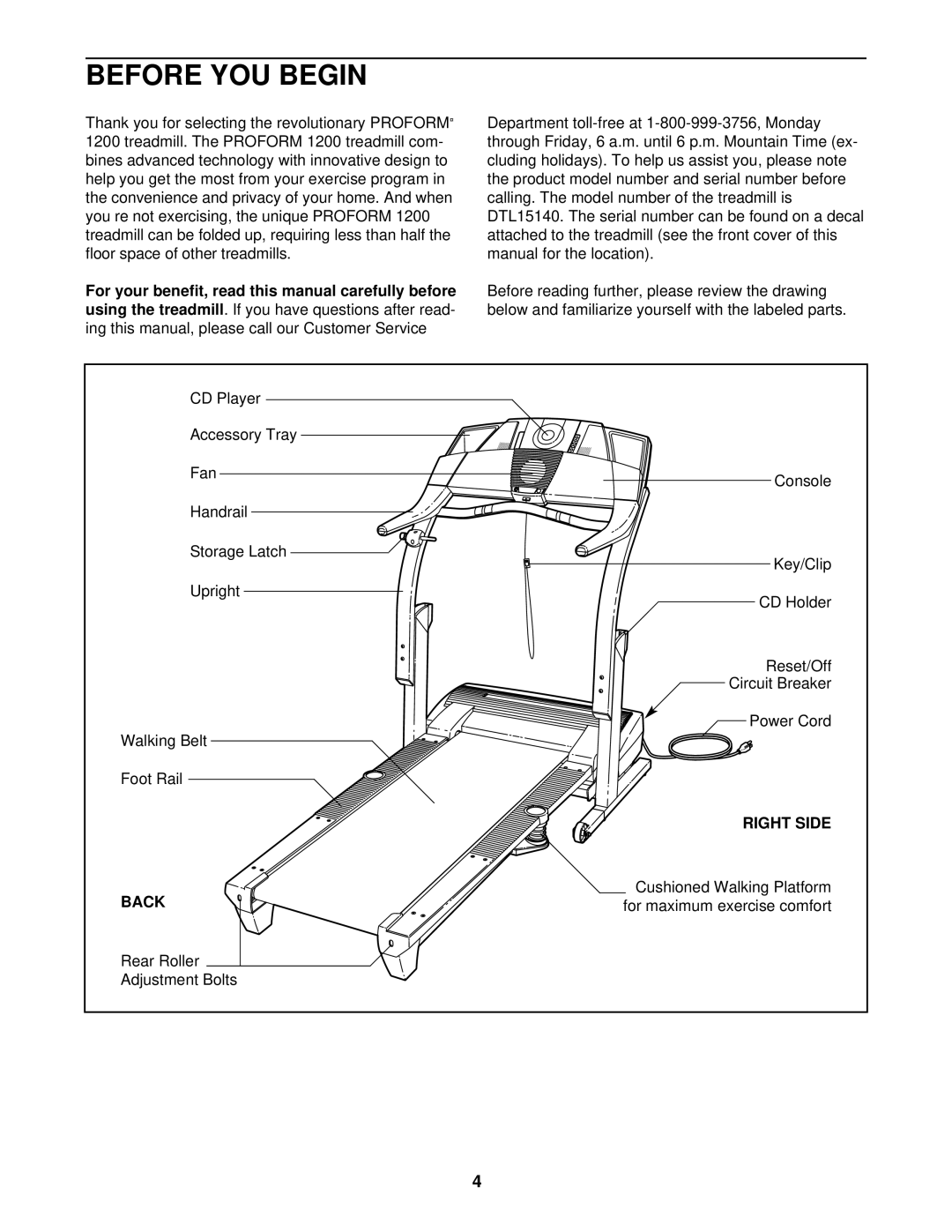 ProForm DTL15140 user manual Before YOU Begin, Right Side, Back 