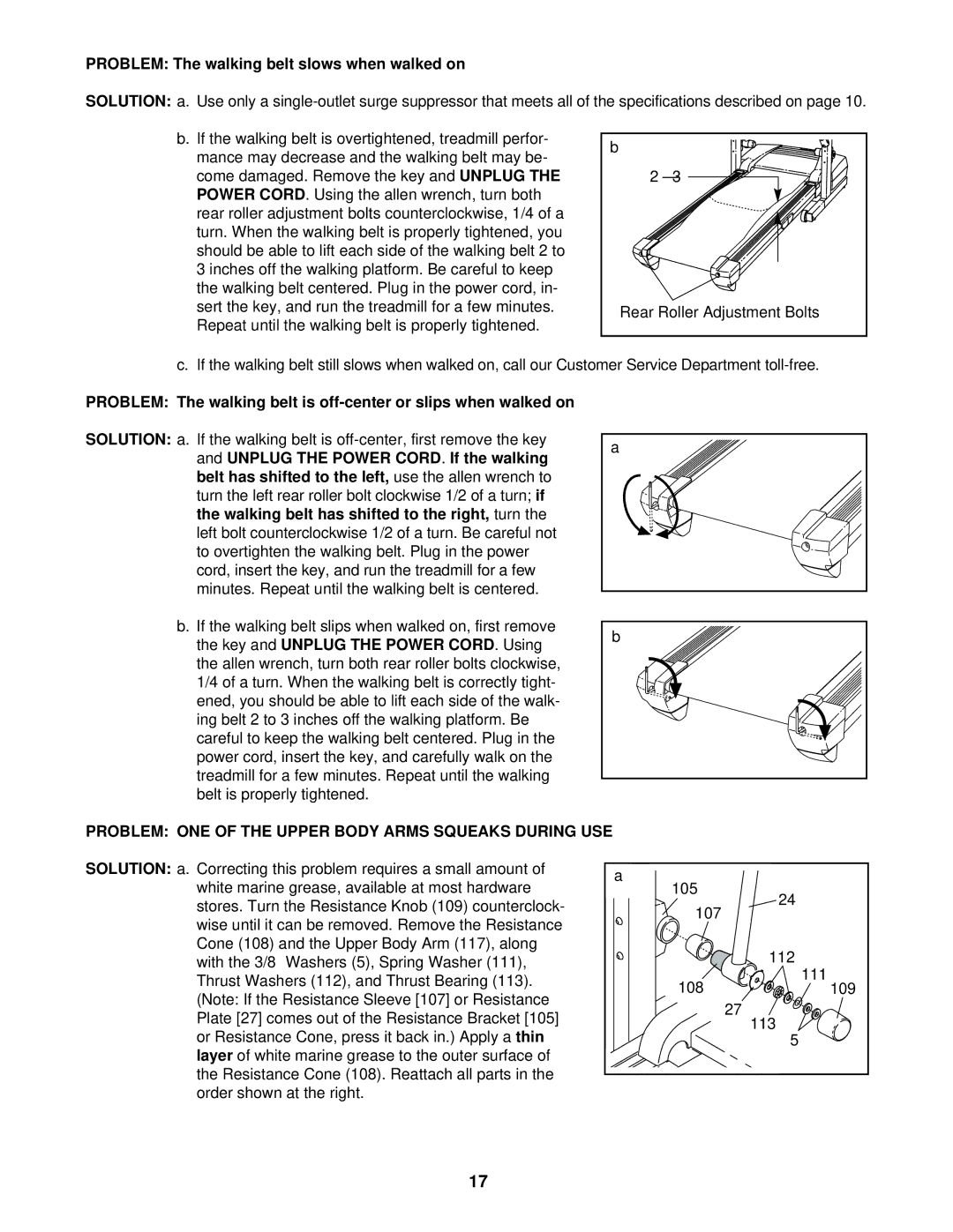 ProForm DTL32940 Problem The walking belt slows when walked on, Problem ONE of the Upper Body Arms Squeaks During USE 