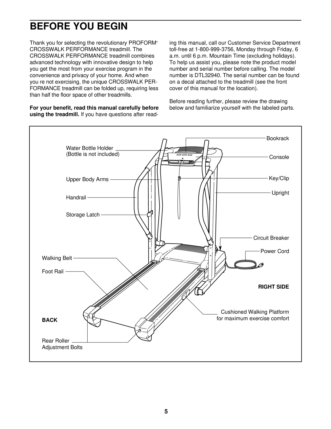 ProForm DTL32940 user manual Before YOU Begin, Right Side, Back 