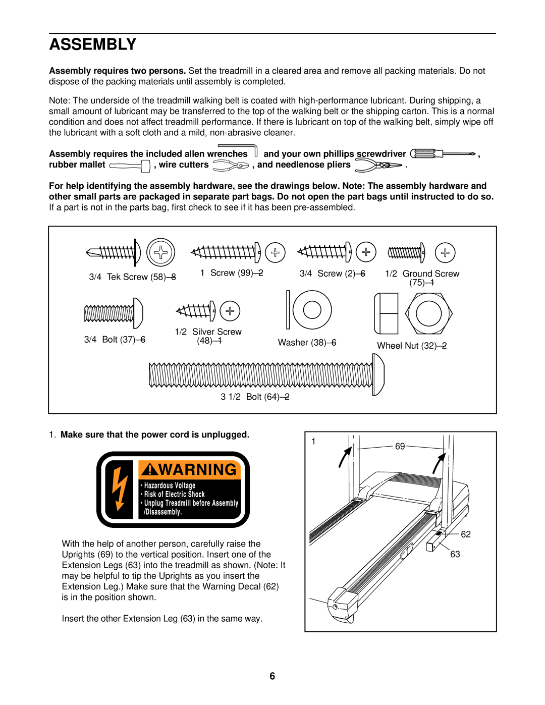 ProForm DTL32940 user manual Assembly, Make sure that the power cord is unplugged 