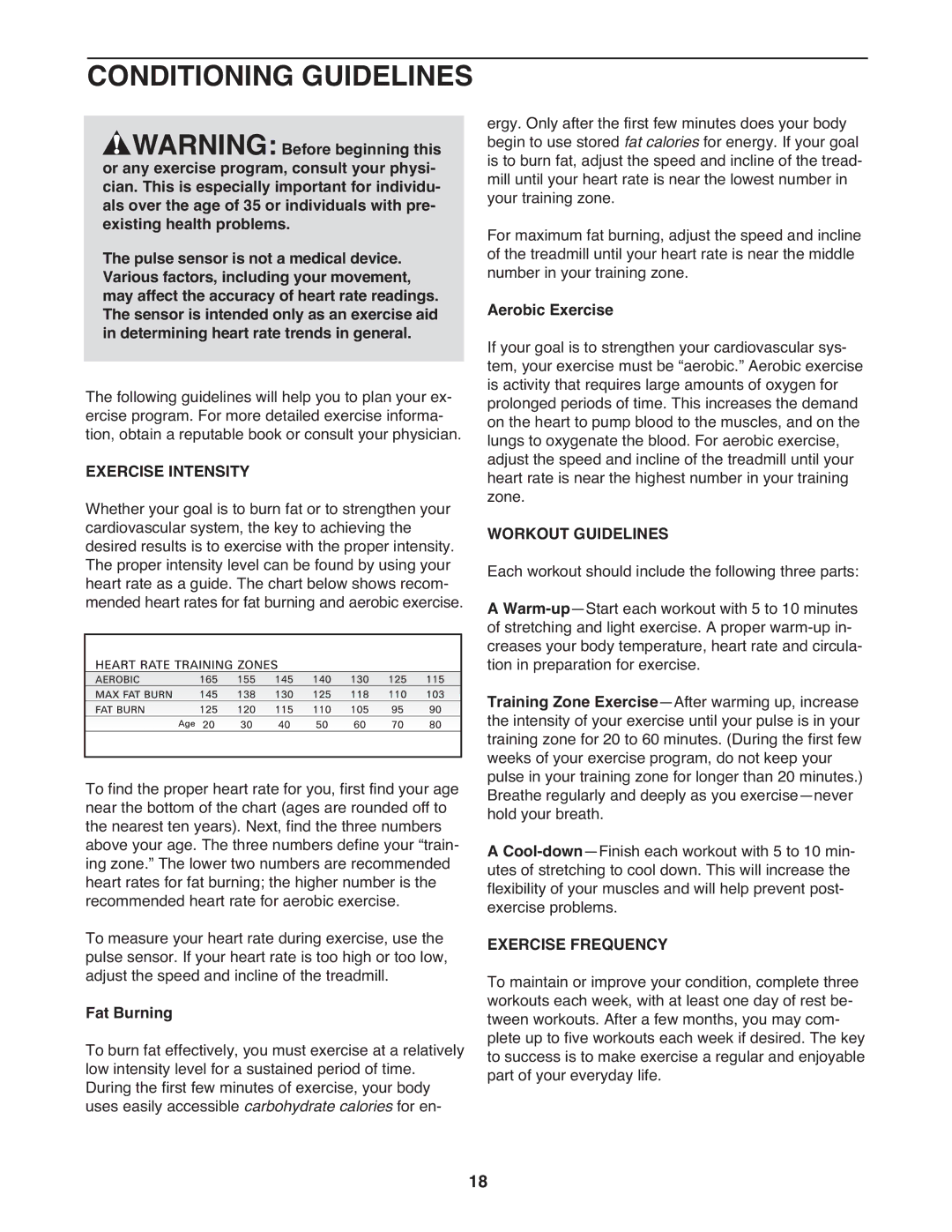 ProForm DTL32941 user manual Conditioning Guidelines, Exercise Intensity, Workout Guidelines, Exercise Frequency 