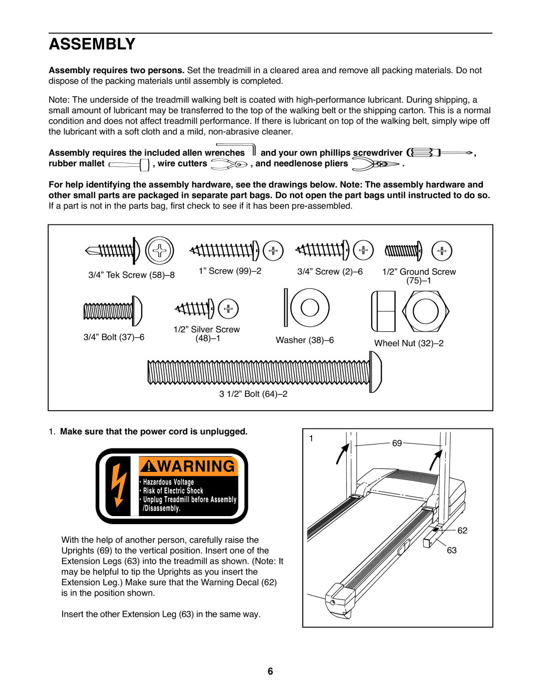 ProForm DTL32941 user manual Make sure that the power cord is unplugged, Assembly 