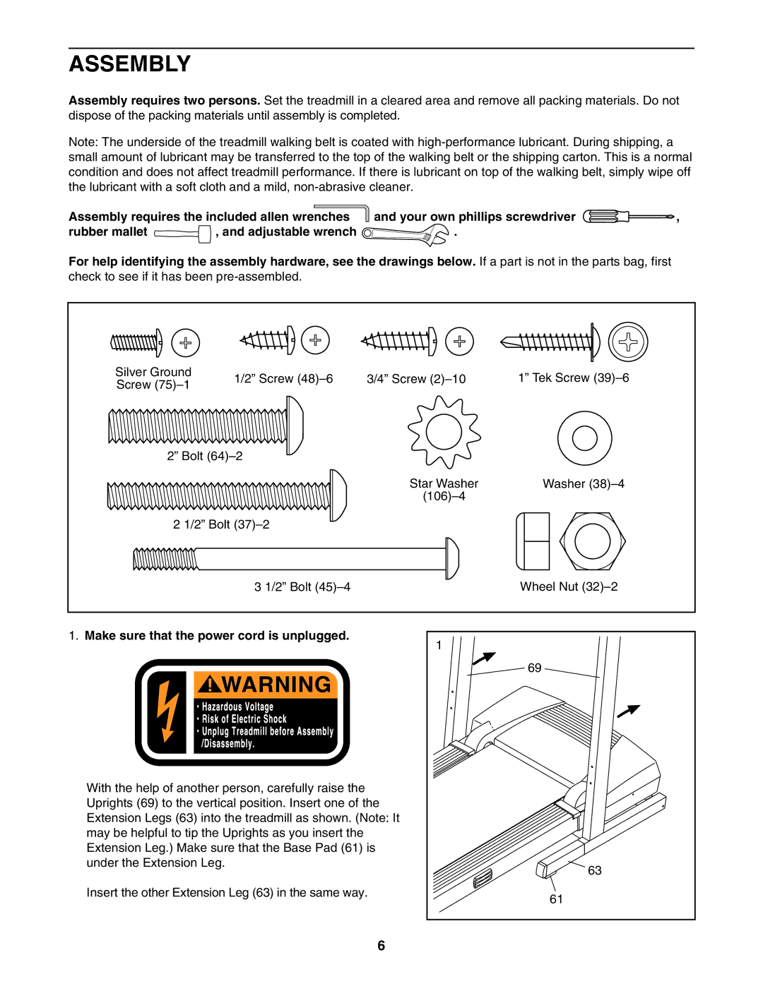 ProForm DTL32950 user manual Assembly, Make sure that the power cord is unplugged 