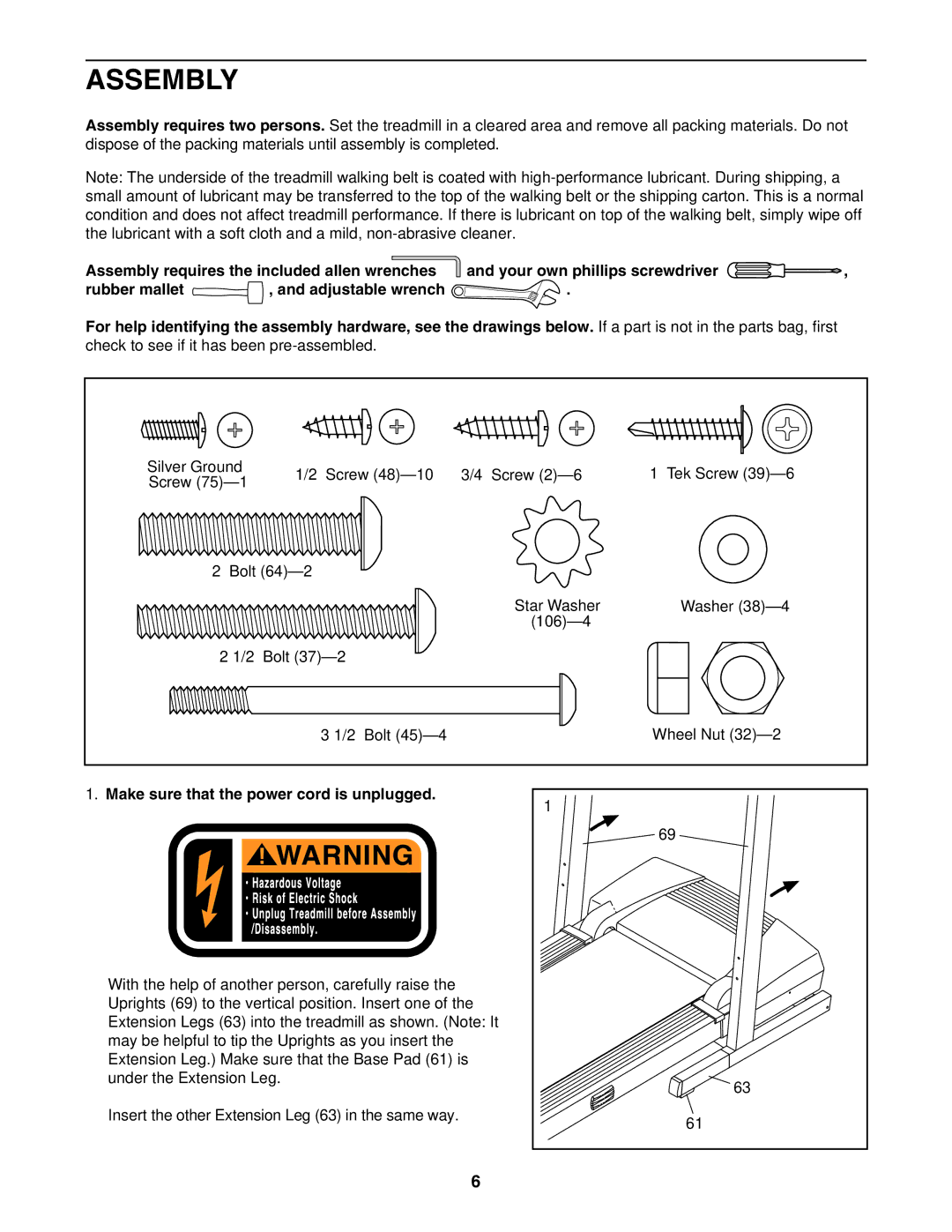 ProForm DTL32951 user manual Assembly, Make sure that the power cord is unplugged 