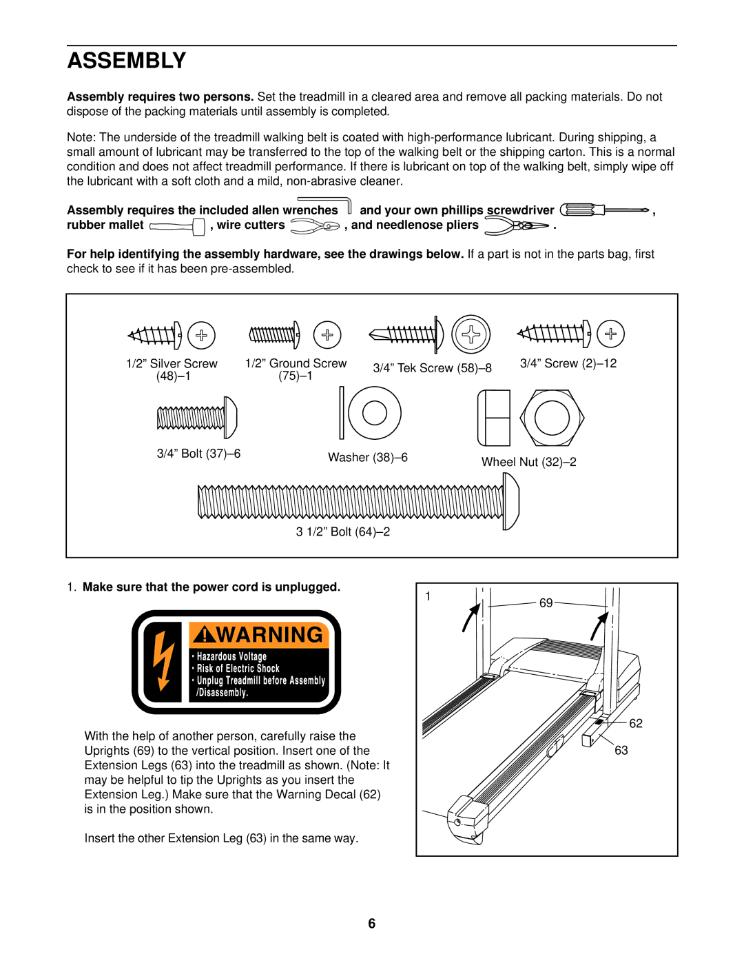 ProForm DTL33940 user manual Assembly, Make sure that the power cord is unplugged 