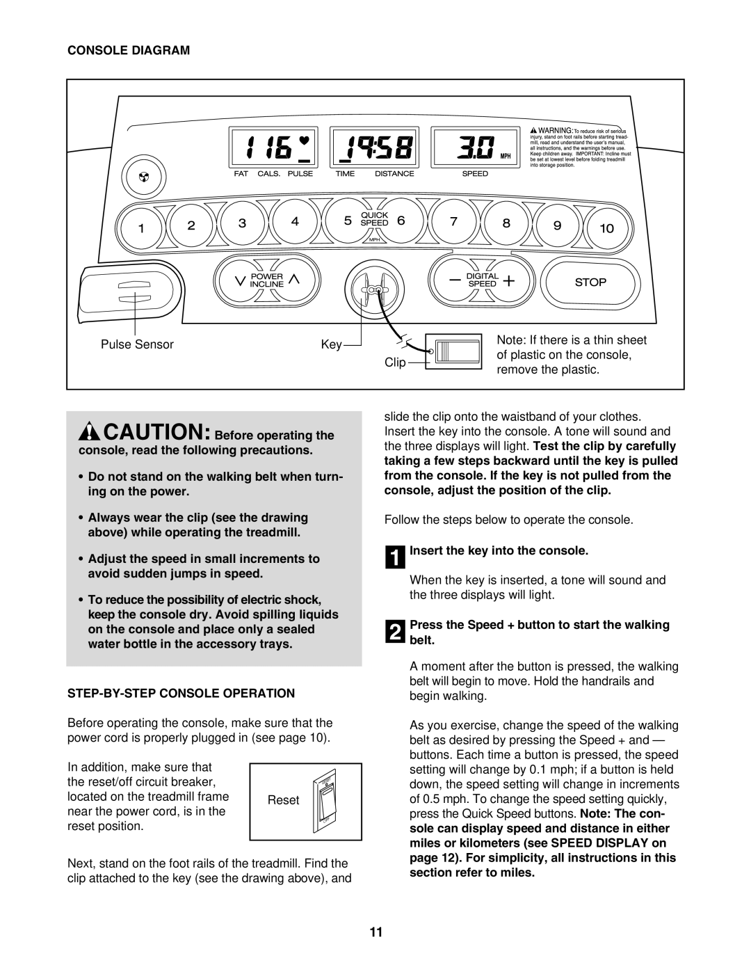 ProForm DTl33950 user manual Console Diagram, STEP-BY-STEP Console Operation, Insert the key into the console 