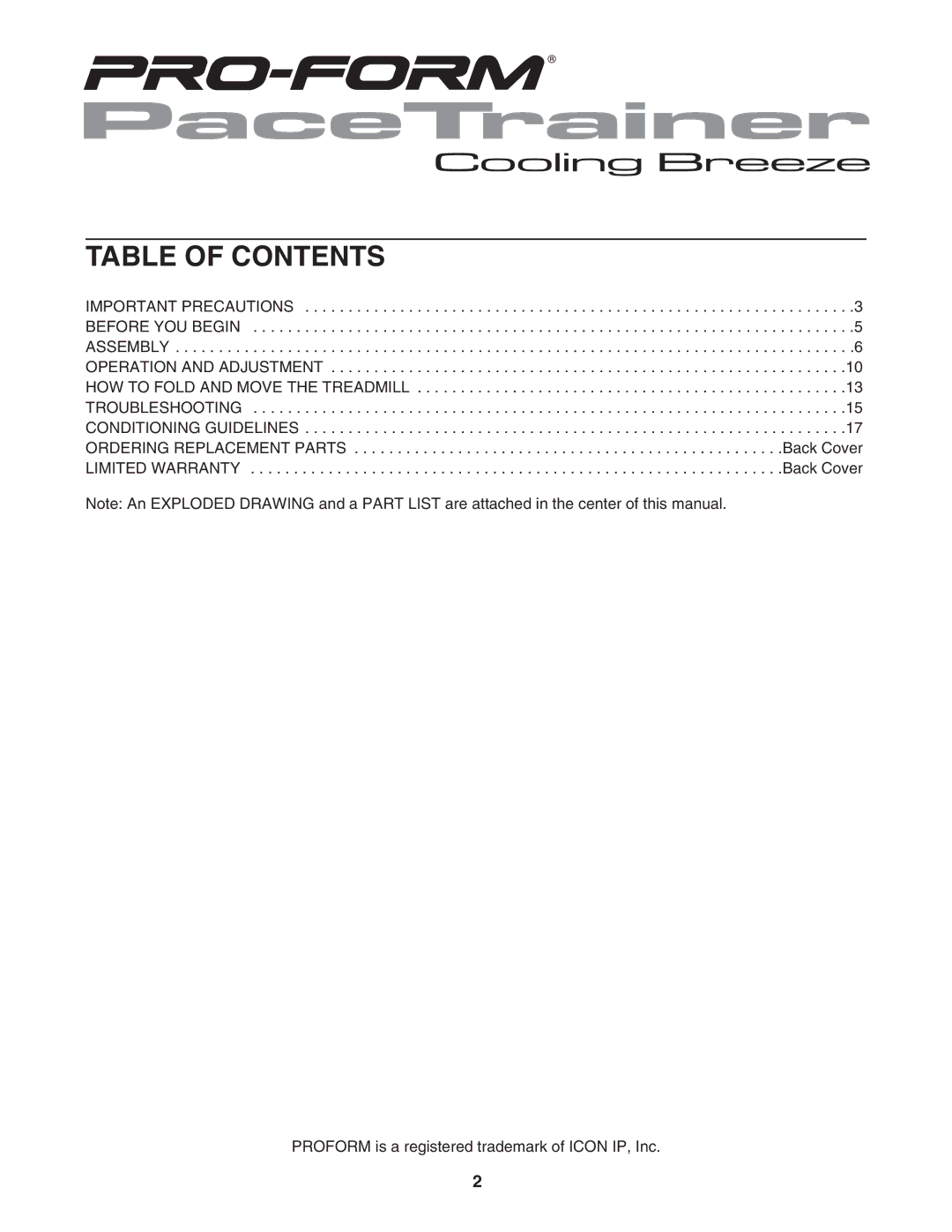 ProForm DTl33950 user manual Table of Contents 