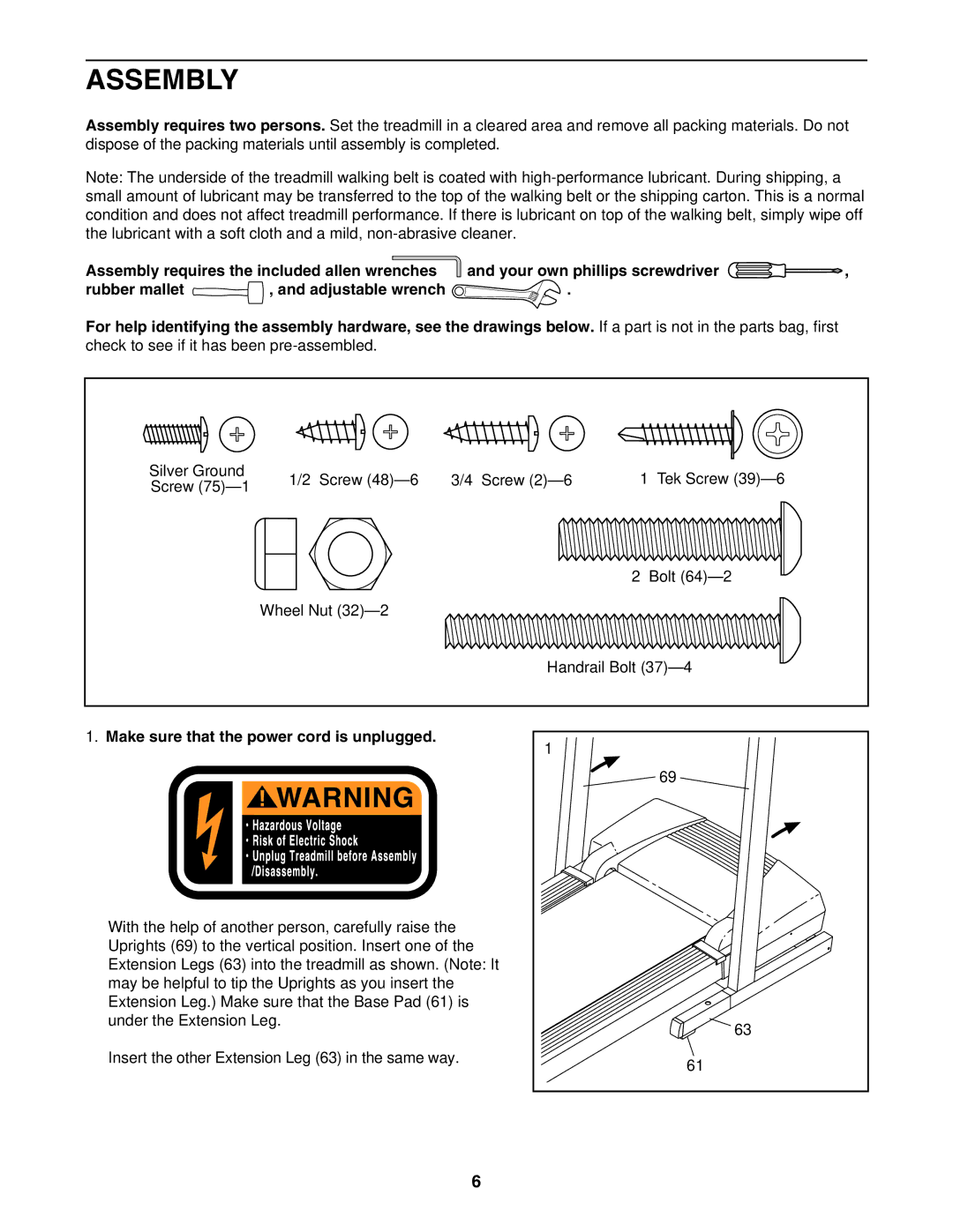 ProForm DTl33950 user manual Assembly, Make sure that the power cord is unplugged 