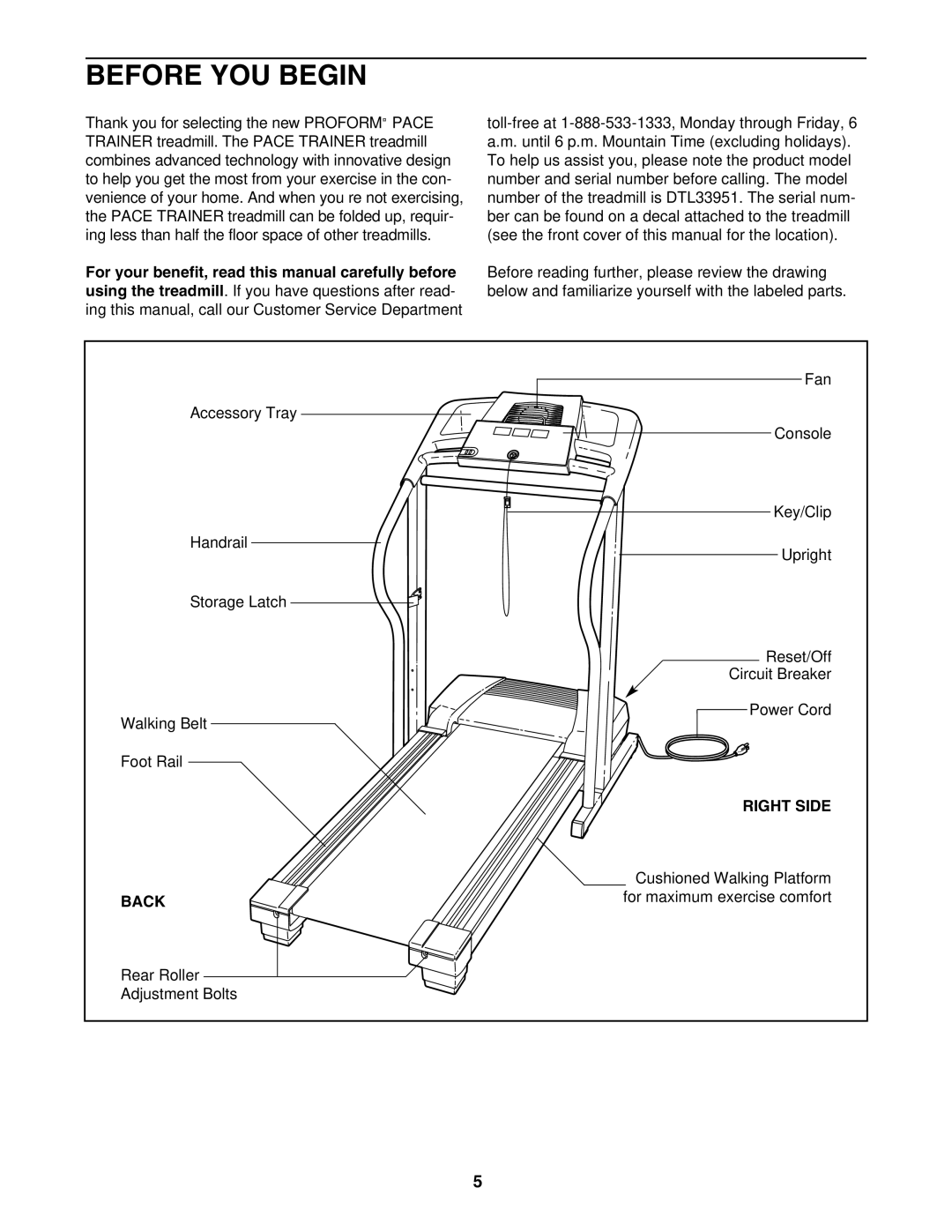 ProForm DTL33951 user manual Before YOU Begin, Right Side, Back 