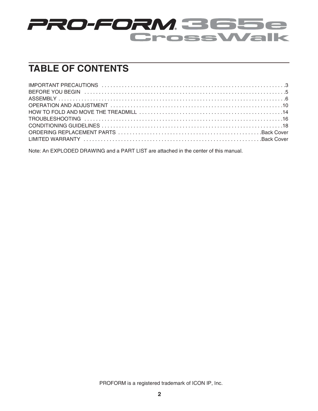 ProForm DTL3495.0 user manual Table of Contents 