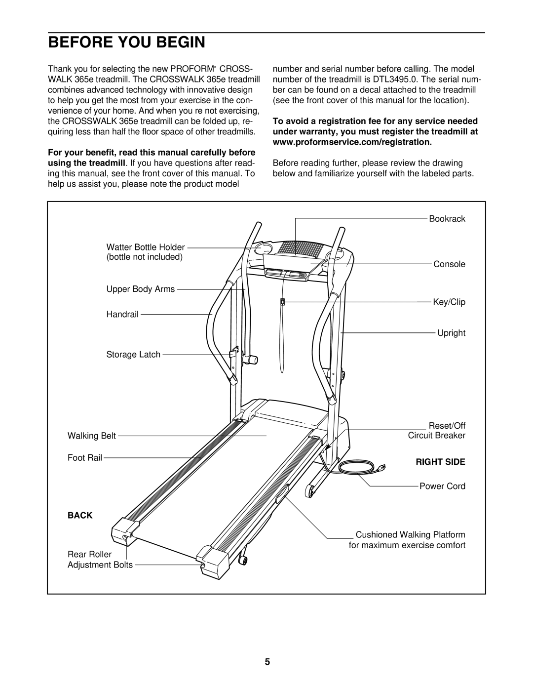 ProForm DTL3495.0 user manual Before YOU Begin, Right Side, Back 