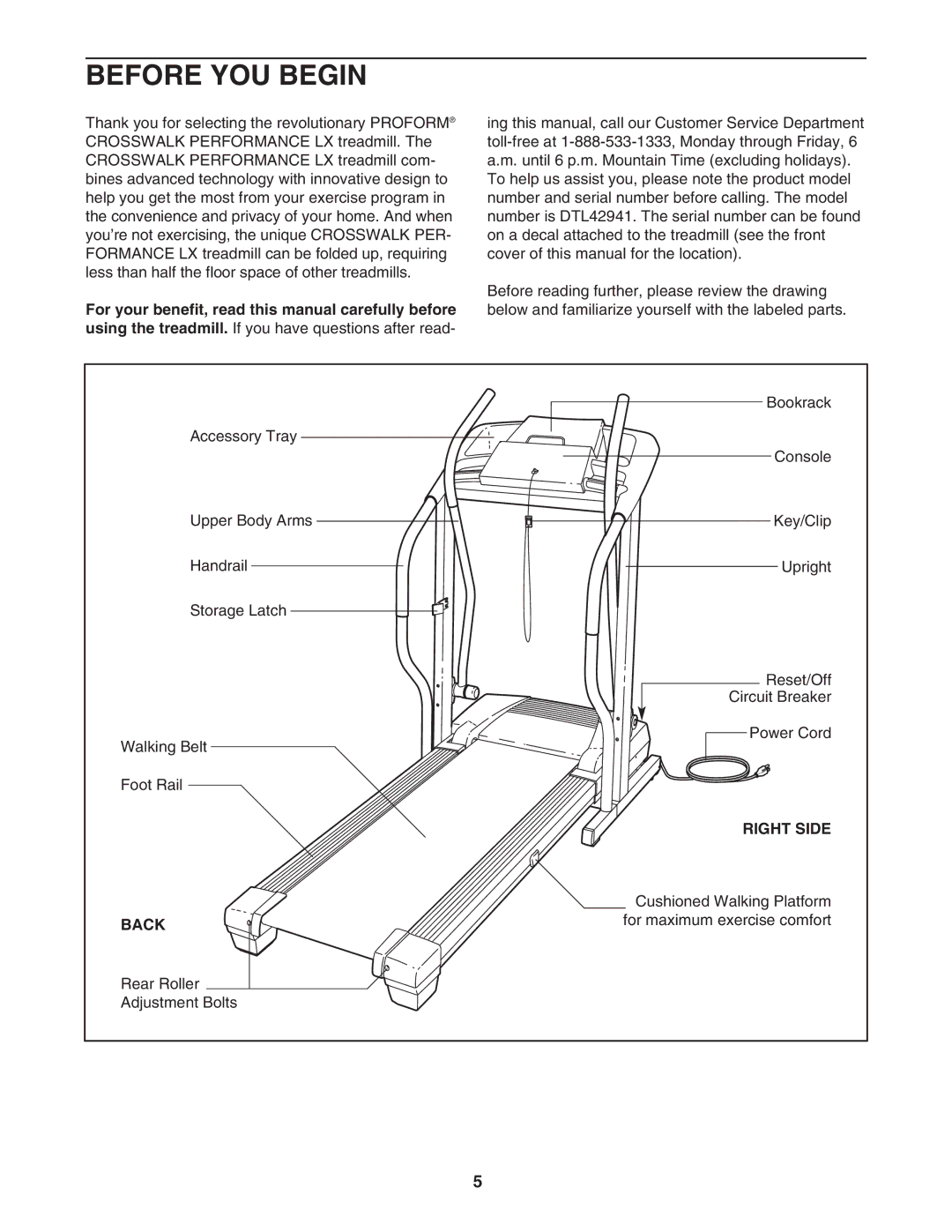 ProForm DTL42941 user manual Before YOU Begin, Right Side, Back 