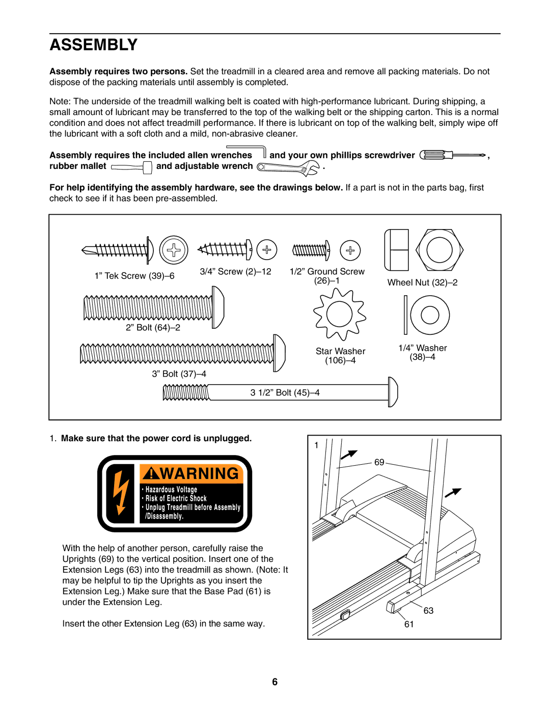 ProForm DTL42941 user manual Assembly, Make sure that the power cord is unplugged 