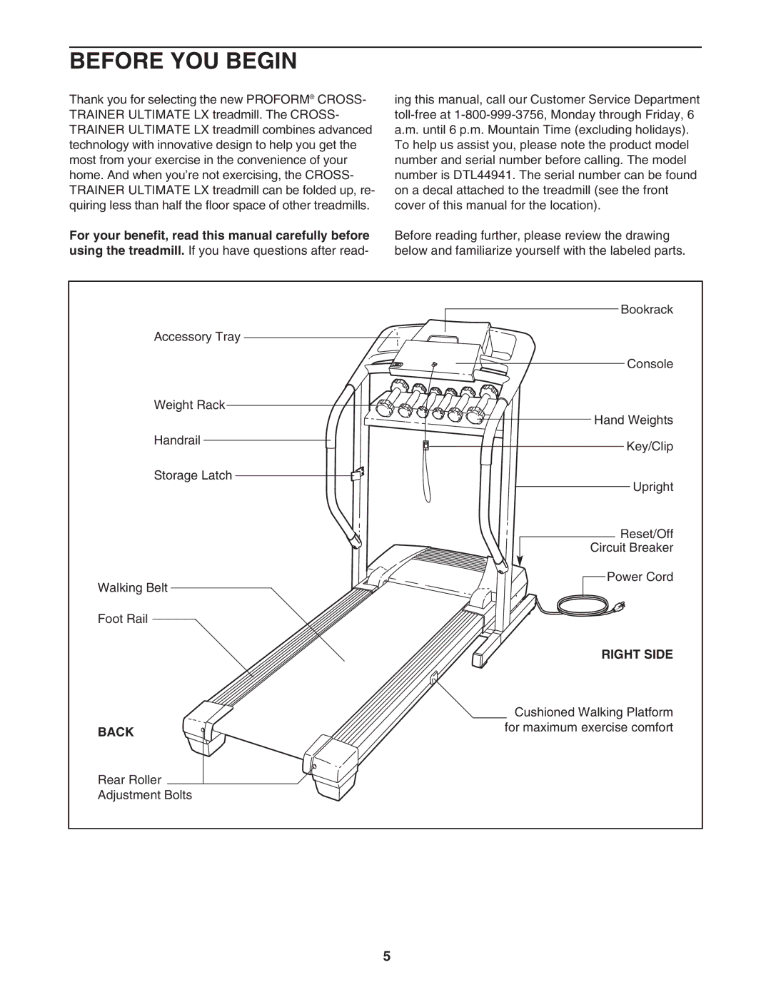 ProForm dtl44941 user manual Before YOU Begin, Right Side, Back 