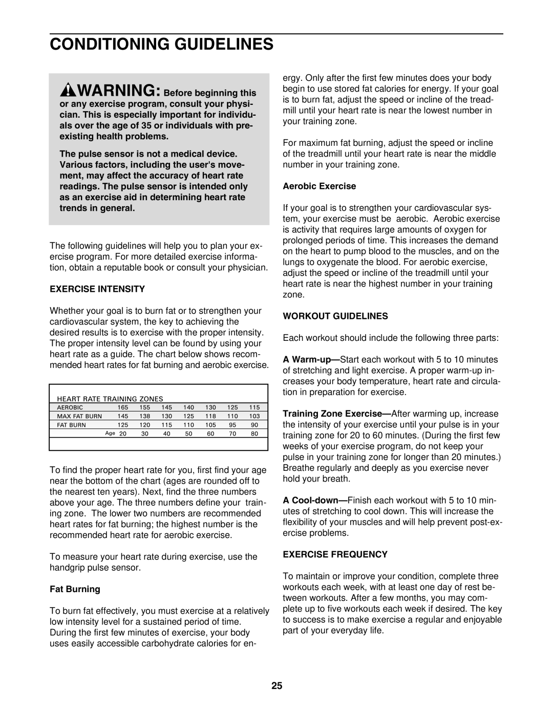 ProForm DTL44950 user manual Conditioning Guidelines, Exercise Intensity, Workout Guidelines, Exercise Frequency 