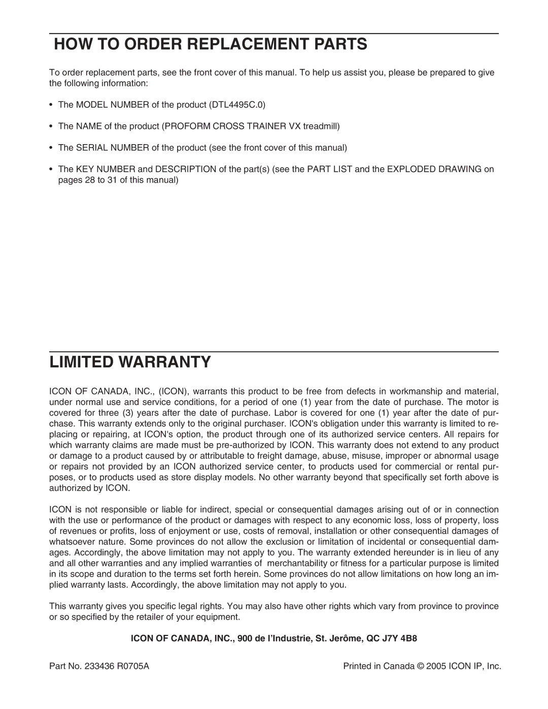 ProForm DTL4495C.0 user manual HOW to Order Replacement Parts, Limited Warranty 