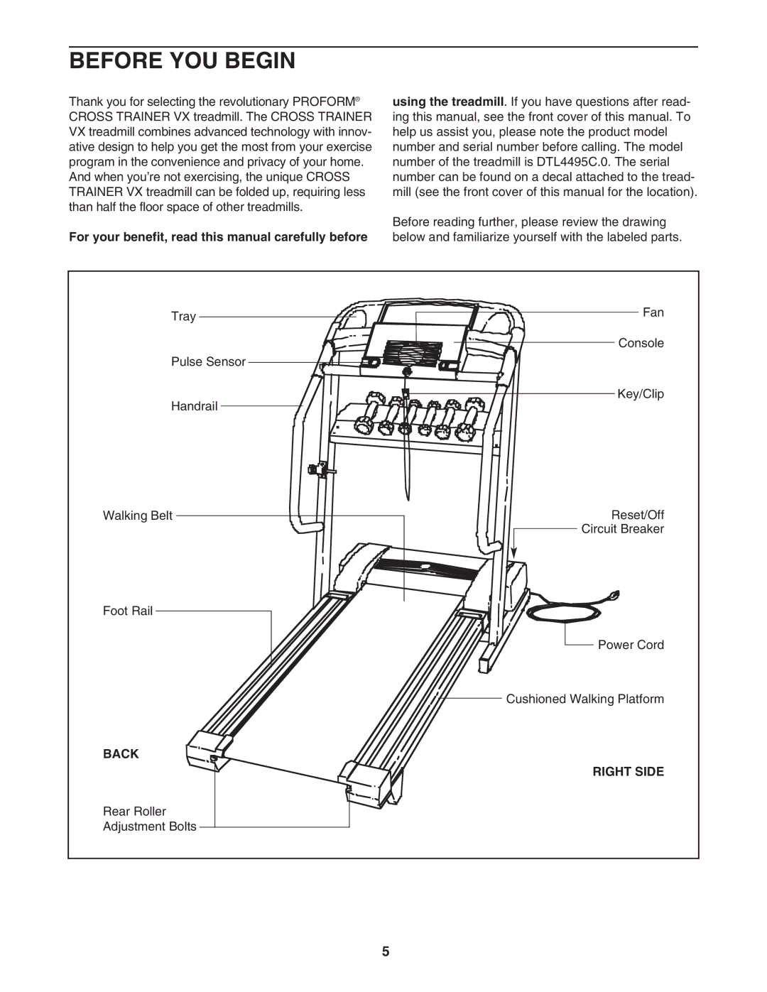 ProForm DTL4495C.0 user manual Before YOU Begin, For your benefit, read this manual carefully before, Back Right Side 