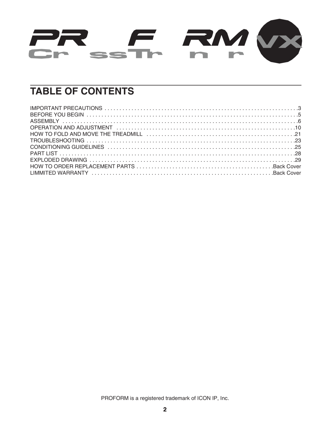 ProForm DTL4495C.0 user manual Table Of Contents, PROFORM is a registered trademark of ICON IP, Inc 