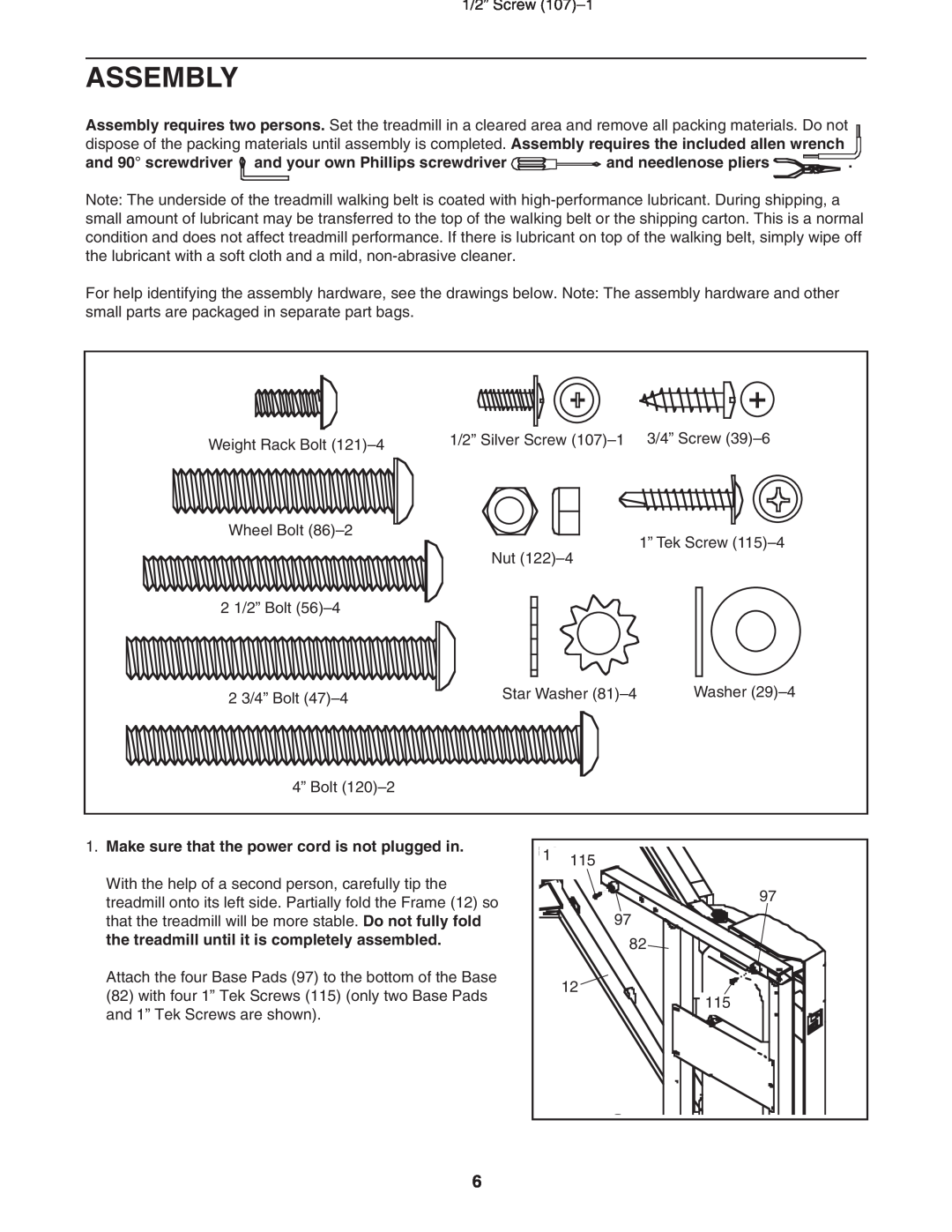 ProForm DTL4495C.0 user manual Assembly, Make sure that the power cord is not plugged in 