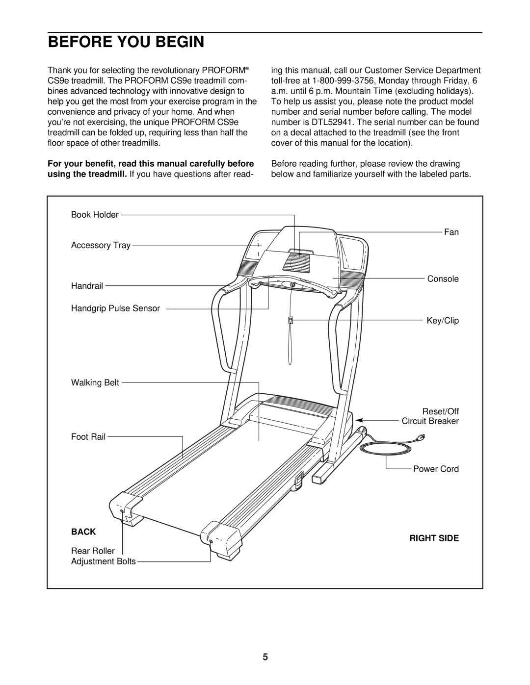 ProForm DTL52941 user manual Before YOU Begin, Back, Right Side 