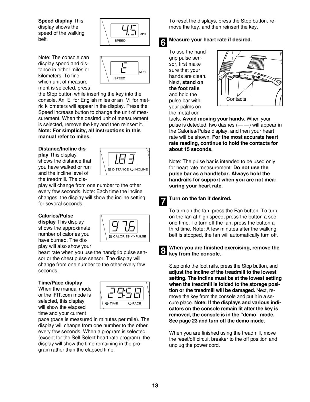 ProForm DTL52942 user manual Speed display-This, Calories/Pulse, Time/Pace display, Measure your heart rate if desired 