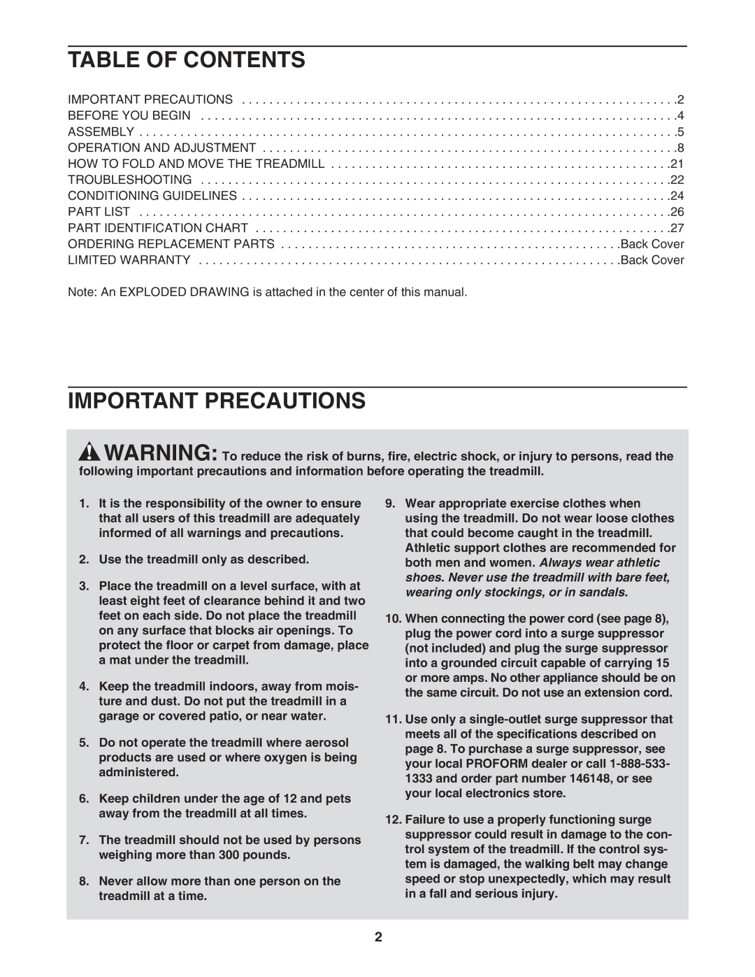 ProForm DTL52950 user manual Table of Contents, Important Precautions 