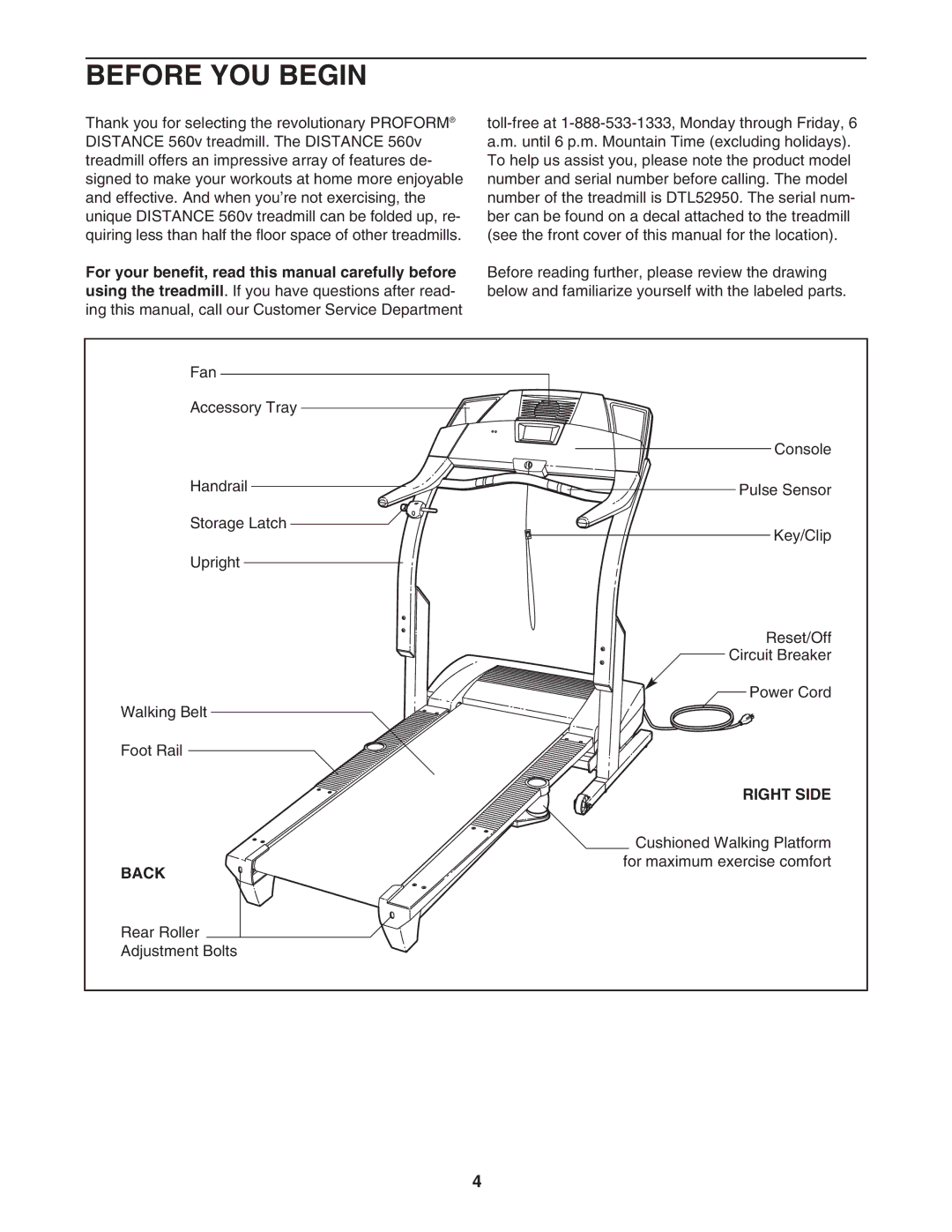 ProForm DTL52950 user manual Before YOU Begin, Right Side, Back 