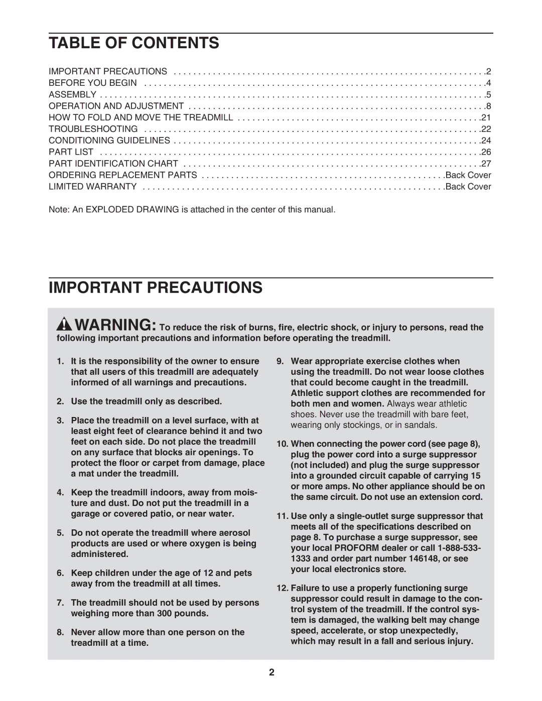 ProForm DTL52951 user manual Table of Contents, Important Precautions 