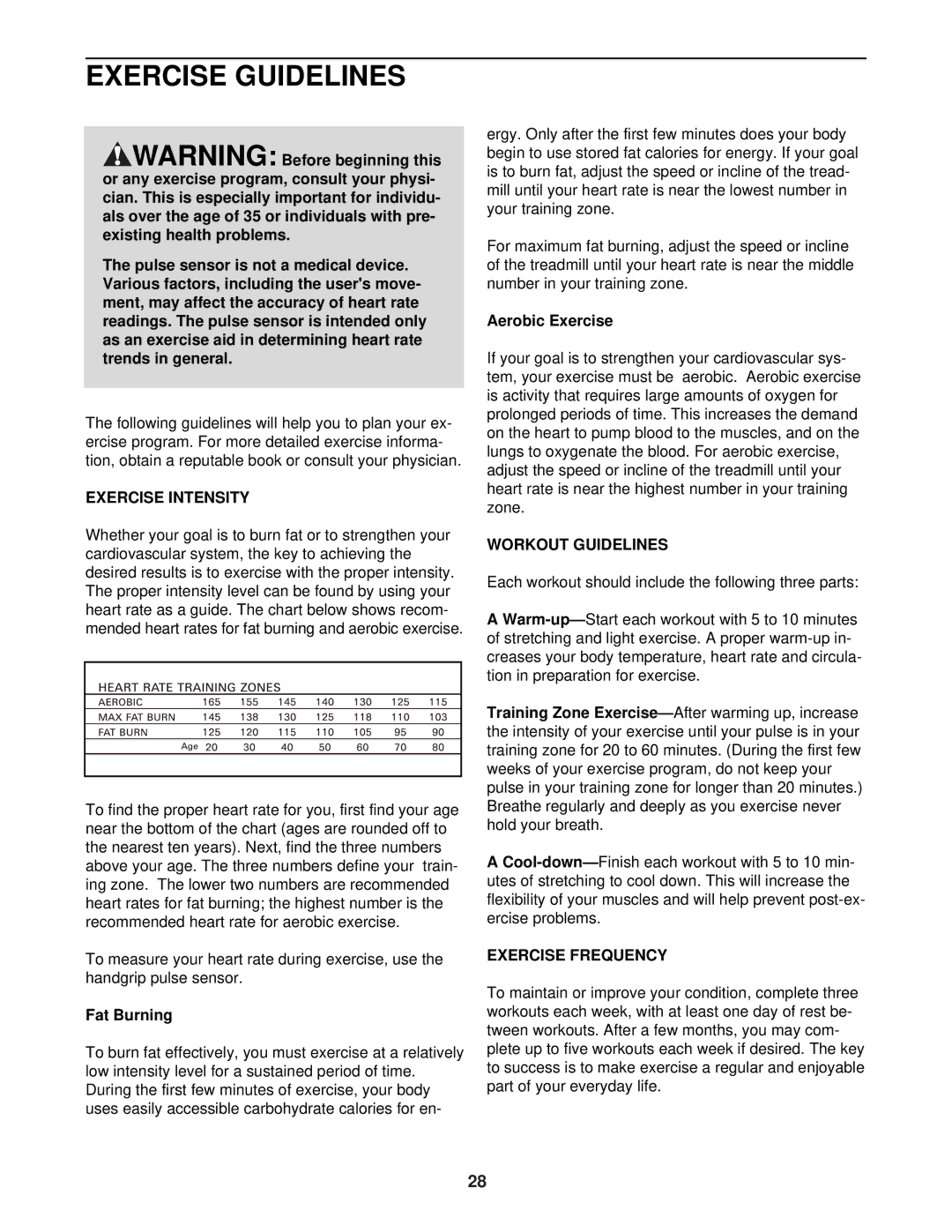 ProForm DTL62940 user manual Exercise Guidelines, Exercise Intensity, Workout Guidelines, Exercise Frequency 