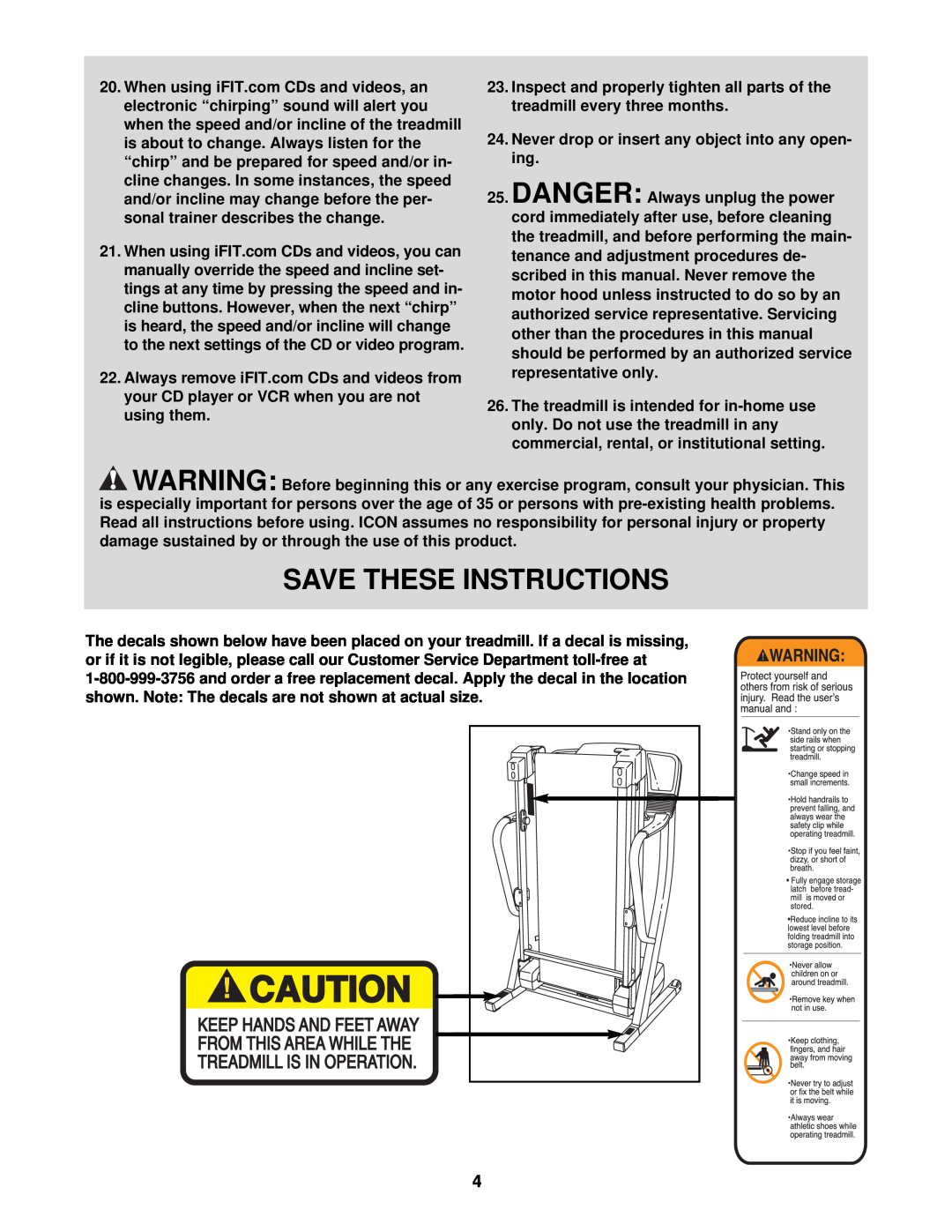 ProForm DTL62940 user manual Save These Instructions, Never drop or insert any object into any open- ing 