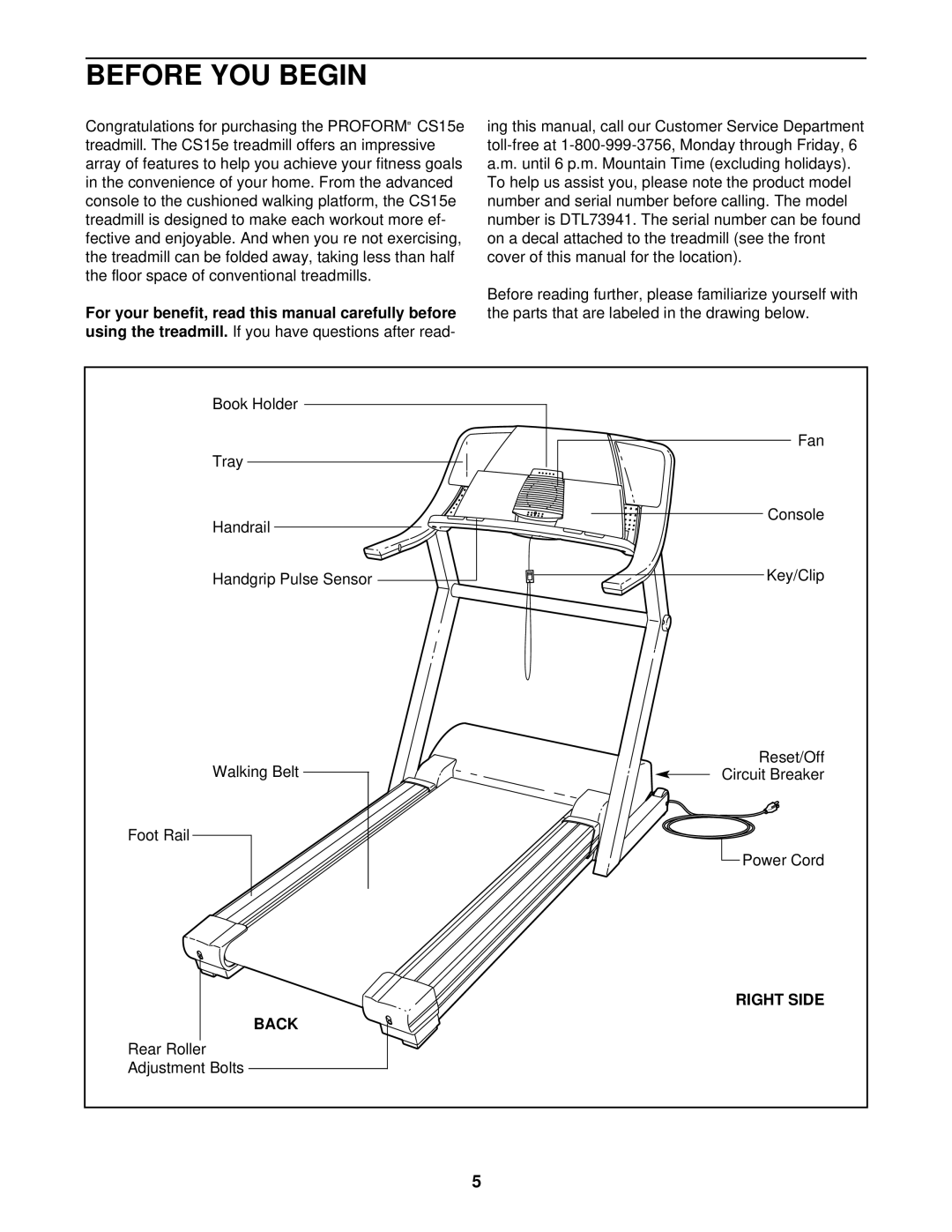 ProForm DTL73941 user manual Before YOU Begin, For your benefit, read this manual carefully before, Right Side Back 