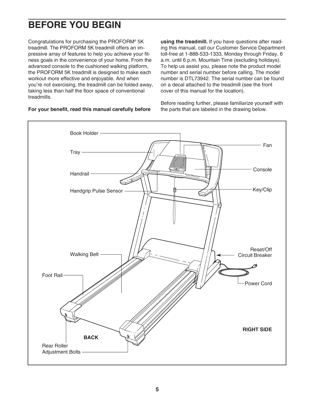 ProForm DTL73942 user manual Before YOU Begin, For your benefit, read this manual carefully before, Right Side, Back 