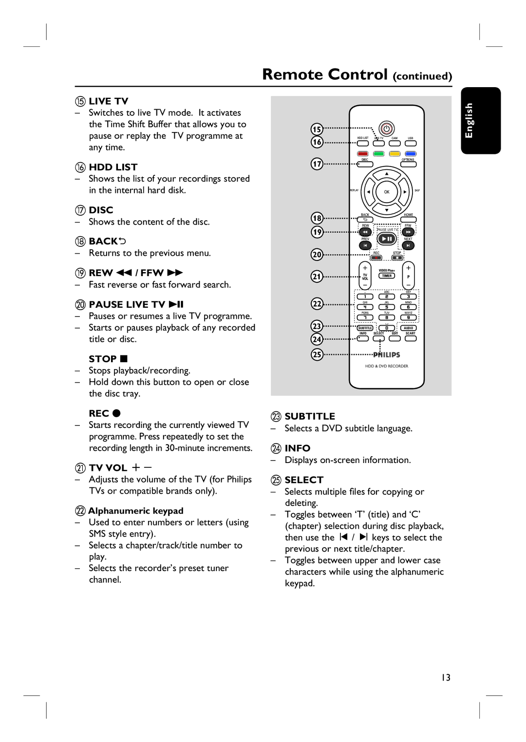 ProForm DVDR3570H HDD List, Disc, Back, REW m / FFW M, Pause Live TV u, Stop, REC z, Tv Vol +, Subtitle, Info, Select 