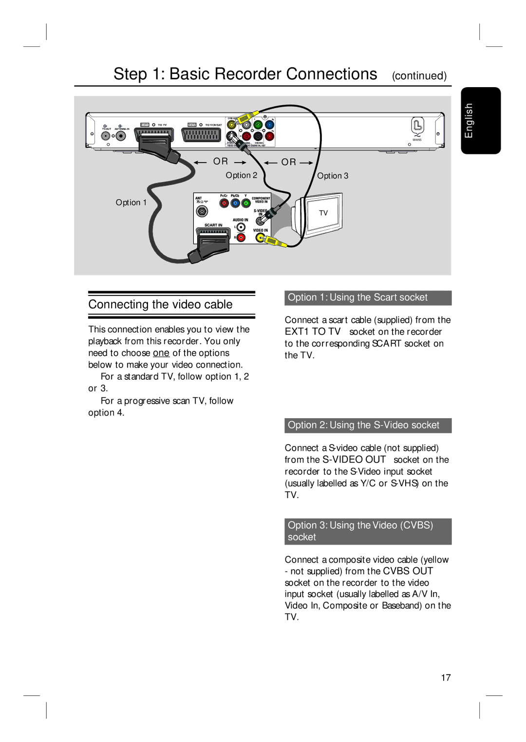 ProForm DVDR3570H Connecting the video cable, Option 1 Using the Scart socket, Option 2 Using the S-Video socket 