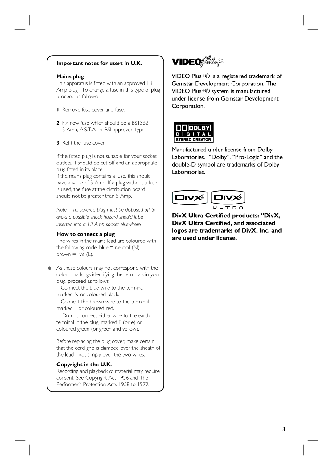 ProForm DVDR3570H user manual Important notes for users in U.K Mains plug 