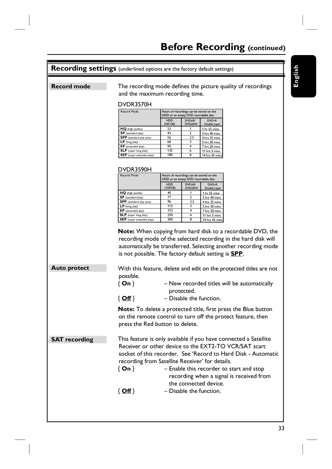 ProForm DVDR3570H user manual Record mode, Auto protect SAT recording 