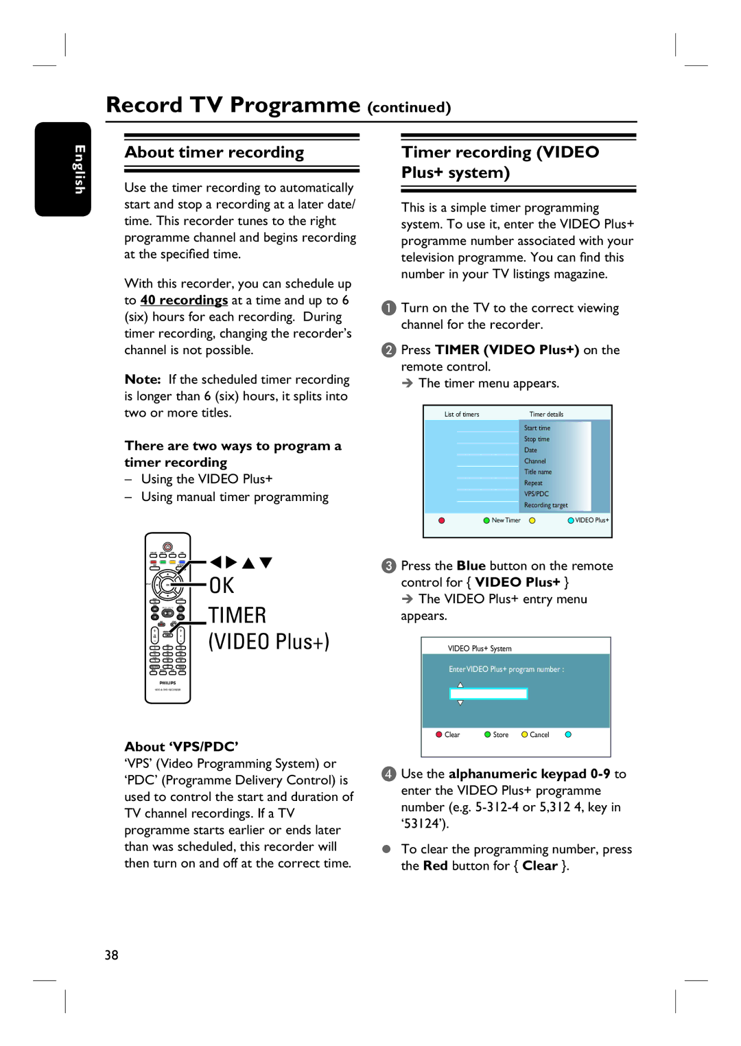 ProForm DVDR3570H About timer recording, Timer recording Video Plus+ system, Press Timer Video Plus+ on the remote control 