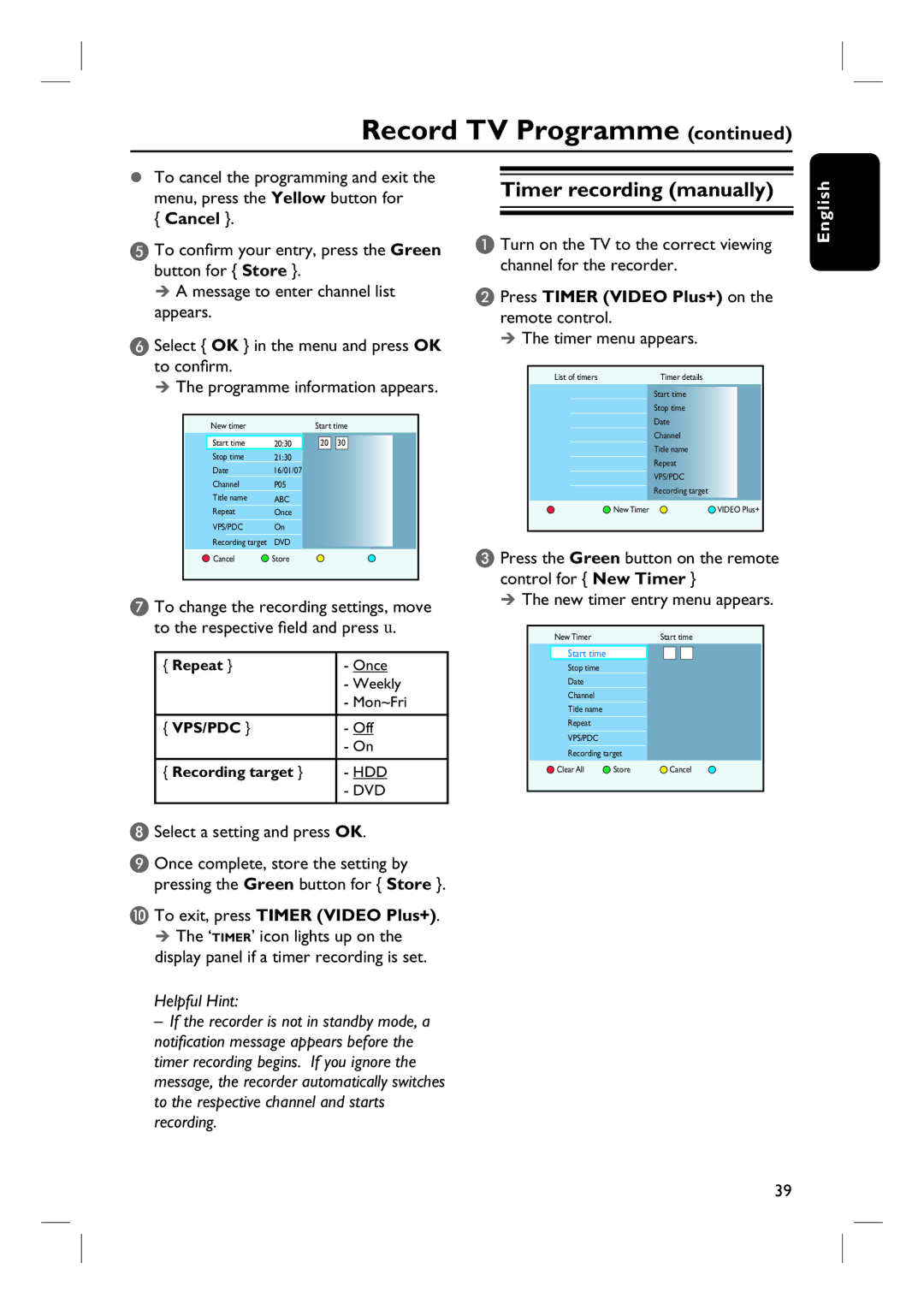 ProForm DVDR3570H user manual Timer recording manually, Cancel, Select a setting and press OK 