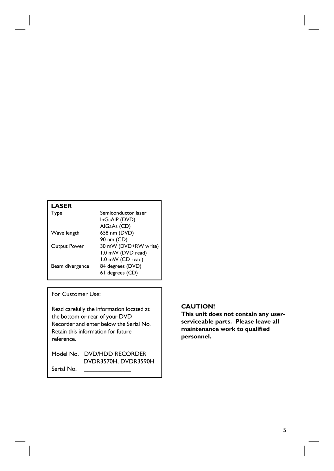 ProForm DVDR3570H user manual Laser, Serial No 