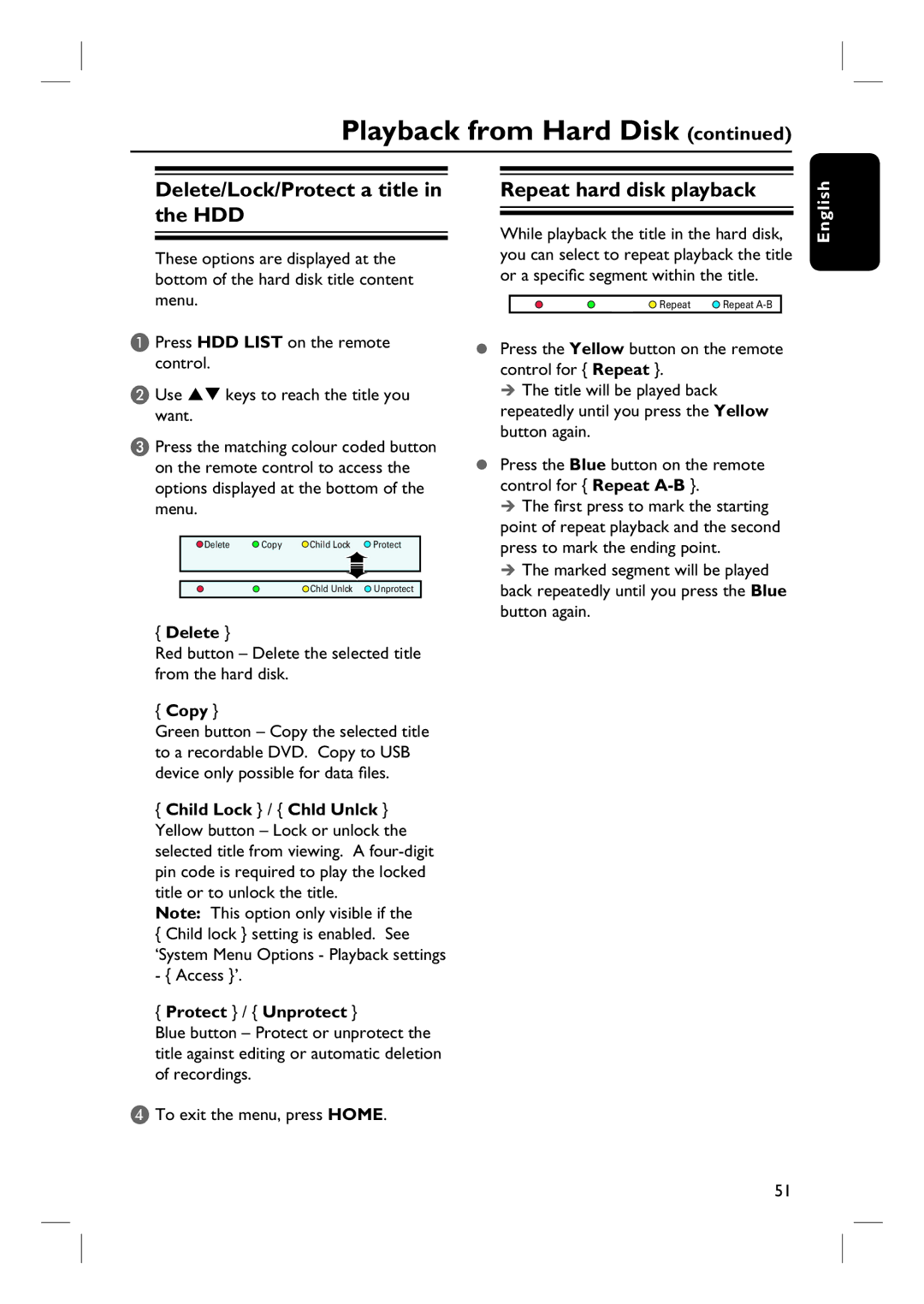 ProForm DVDR3570H user manual Delete/Lock/Protect a title in the HDD, Repeat hard disk playback, Copy, Protect / Unprotect 