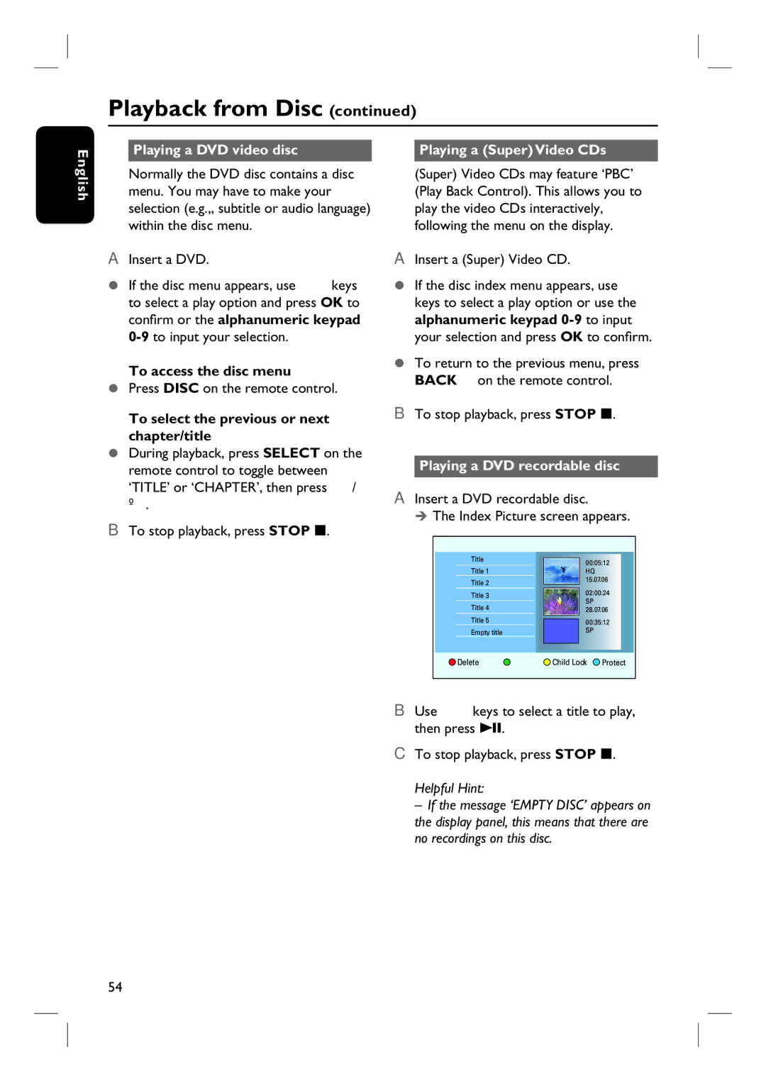 ProForm DVDR3570H user manual Playing a DVD video disc Playing a Super Video CDs English, To access the disc menu 