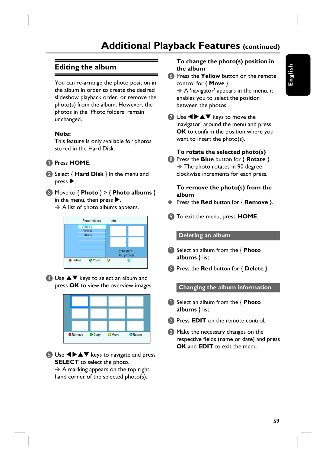 ProForm DVDR3570H user manual Editing the album, Deleting an album, Changing the album information 